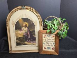 lot 562 image: Arch Framed Jesus Print with Blessing Sign and Faux Plant