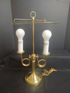 lot 567 image: Two-Light Brass Table Lamp with White Ceramic Sockets
