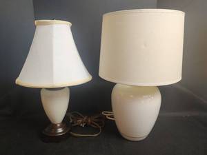 lot 569 image: Table Lamps with Cream Shades and Ceramic Bases