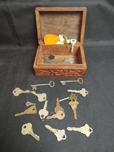 lot 592 image: Carved Wood Key Box with Assorted Keys
