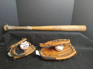 lot 616 image: Wilson Baseball Bat, Rawlings Adult Mitt, Childs Mitt and Baseballs