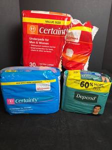 lot 627 image: Certainty Underpads, Certainty Women Large Underwear,  and Depend Mens Underwear S-M