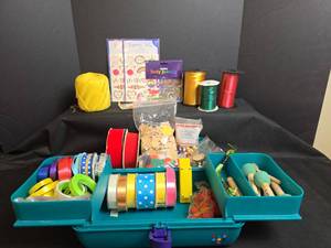 lot 649 image: Craft Supplies - Teal Organizer Box, Ribbon, Beads,  Temporary Body Tattoos, and Body Jewelry
