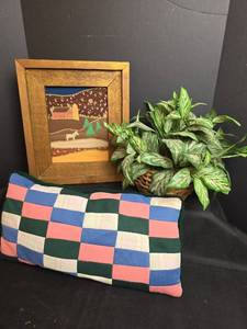 lot 665 image: Framed Fabric Wall Art Barn Landscape Scene, Faux Plant, and Quilted Pillow