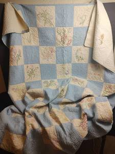 lot 727 image: Homemade Patchwork Quilt,  Blue and Cream, Embroidered Floral Blocks, 66x80