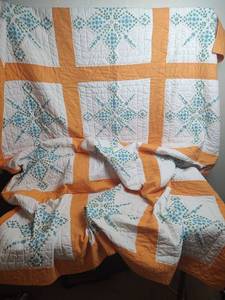 lot 728 image: Handmade Quilt, Orange with Embroidered Flower Blocks, 62x78