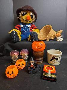 lot 751 image: Fall Decorations - Scarecrow,  Pumpkins, Candles, Figurines, and Cornucopia