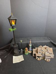 lot 760 image: Christmas Village - LED Street Lamp, House, and Figurines