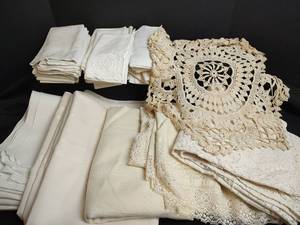 lot 777 image: Handmade Doily, Assorted Tablecloths and Napkins, Some Staining