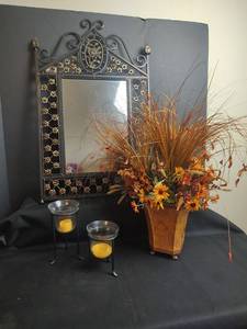 lot 853 image: Wall Mirror with Floral Arrangement and Candle Holders. Mirror  18 x 29