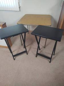 lot 879 image: Folding Table, 30 inch Square with Two Wood Black TV Trays