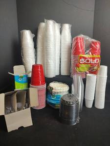 lot 884 image: Assorted Plastic and Styrofoam Disposable Cups, Straws, Coffee Filters And Plastic Ware