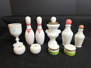 lot 917 image: Vintage Milk Glass Cosmetic Bottles and Containers