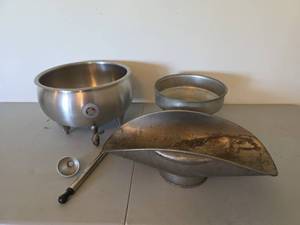 lot 933 image: DeLaval Cream Separator Bowl, Strainer, Hand Pump, and Metal Scale Hopper
