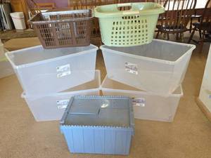 lot 941 image: Sterilite 90 Qt Storage Containers (no lids), 2 Laundry Baskets, and Storage Crate