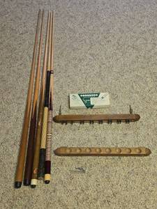 lot 952 image: Billiard Home Repair Kit Re-Tipping Cues, 5 Pool Cues, and Pool Cue Storage Rack