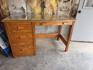 lot 1000 image: Wood Desk with Drawers and Glass Top