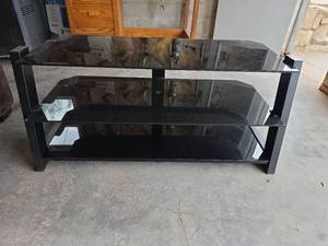 lot 1007 image: Black Glass TV Stand 3-Shelf Media Console