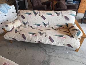 lot 1008 image: 81in Solid Wood Frame Futon with 8in Beige Mattress and Throw Pillows