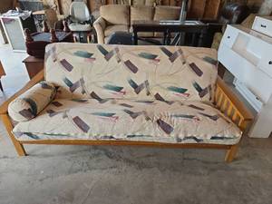 lot 1009 image: 81in Solid Wood Frame Futon with 8in Beige Patterned Mattress and 1 Pillow