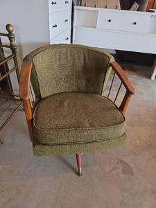 lot 1015 image: Upholstered Armchair with Wood Arms and Brass Tip Legs