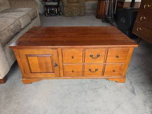 lot 1025 image: Wood Storage Chest with Drawers and Cabinet Door