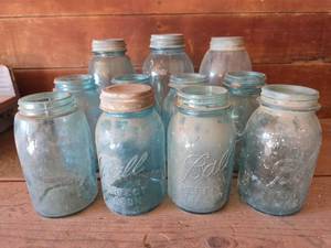 lot 1241 image: 3-2qt Blue Glass Canning Jars and 8 Quart Blue Glass Canning Jars