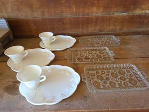 lot 1243 image: 3 Milk Glass Snack Plates with Cups and 3 Clear Snack Plates