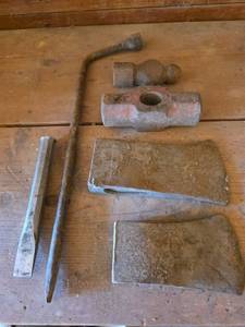 lot 1257 image: Hand Tools Including Axes, Sledgehammer Head, and Chisels