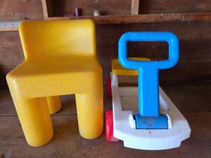 lot 1270 image: Little Tikes Yellow Chair and Fisher Price Ride-On Cart