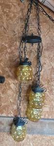 lot 1284 image: Vintage 4-Light Hanging Pendant with Amber Bubble Glass Shades and Black Chain
