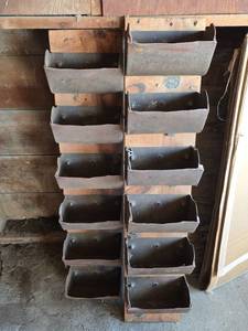 lot 1298 image: 2 Columns of Grain Elevator Buckets Organizer with 12 Metal Bins