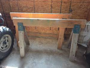 lot 1503 image: 2 Wooden Sawhorses with Metal Brackets