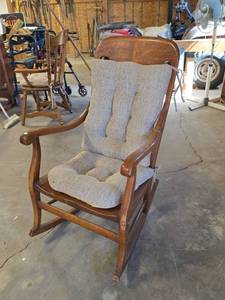 lot 1525 image: Wooden Rocking Chair with Gray Upholstered Seat and Back Cushions
