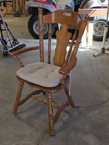 lot 1526 image: Wood Dining Captains Chair with Turned Legs and Upholstered Seat