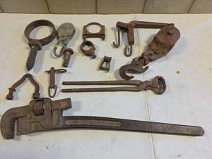 lot 1596 image: Lot of 18 Assorted Hand Tools including Pipe Wrench, Hooks, Clamps, Wrenches