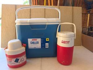 lot 1600 image: Coleman Chiller Personal Cooler 30 Qt, Canteen, and PolyLite Jug