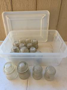 lot 1601 image: Hemingray Glass Dome Insulators in Clear Plastic Storage Container 16s, 17s, 12s, and 9s