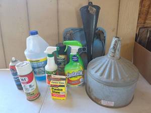 lot 1620 image: Garage & Workshop Cleaning Supplies, Scooter and  Funnels