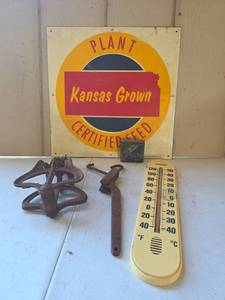 lot 1623 image: Kansas Grown Certified Seed Metal Sign with Farm Tools and Thermometer