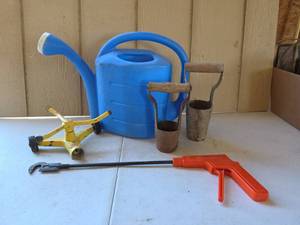 lot 1624 image: Watering Can, Sprinkler, Poppy Sprinkler, Bulb Planters, and Rose Snipper