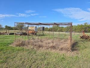 lot 2024 image: Metal Livestock Bird Pen. Frame with Roof Structure and Gate. Appears to be on Skids. See Description for removal information.