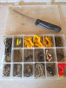 lot 2029 image: Fishing Tackle Lot Hooks Lures Knife Organizer Box