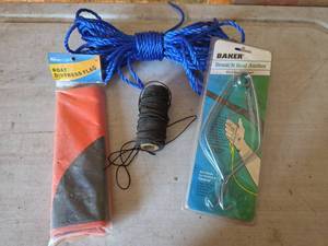 lot 2030 image: Boat Distress Flag, Baker BrushN Boat Anchor, Blue Rope, Black Anchor Line Lot