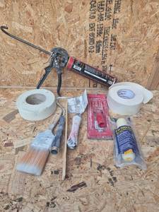 lot 207 image: Drywall Finishing Tool Kit Caulk Gun Tapes Brushes Putty Knife