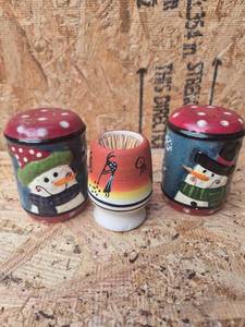 lot 223 image: 3-Piece Hand-Painted Toothpick Holder Set with Snowman and Holiday Design