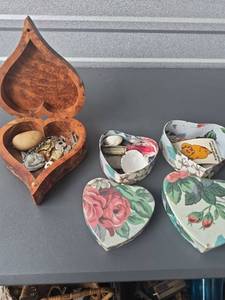 lot 239 image: Heart-shaped Storage Boxes and Wooden Heart Box with Keys and Collectibles