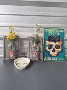 lot 259 image: Decorative Lot Wall-Mount Planters, Skull Bowl, and Metal Sign