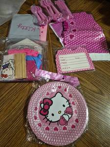 lot 303 image: Hello Kitty Party Supplies Set Pink Polka Dot Plates Napkins Utensils