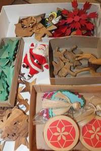 lot 2839 image: Vintage Small Flocked Santa, Wood Ornaments & More